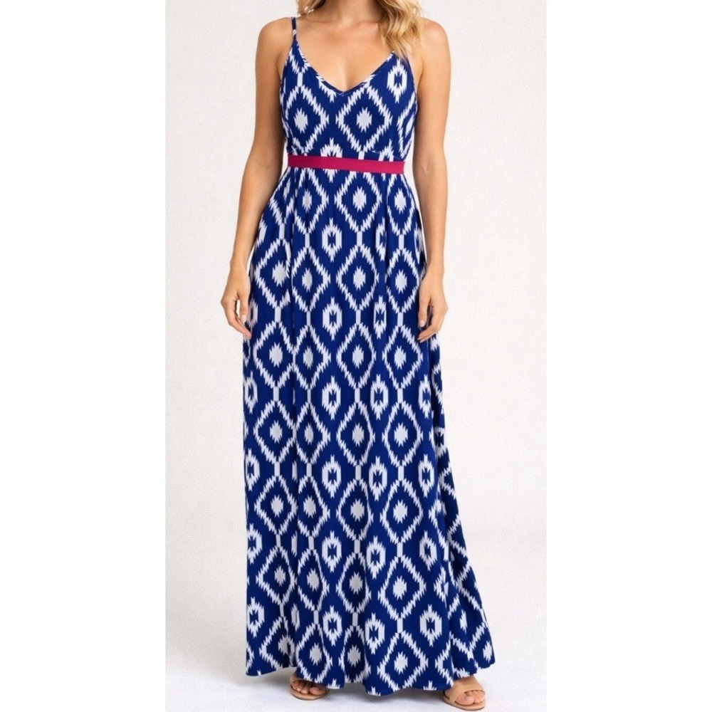 Macbeth Collection‎ Maxi Dress M Blue White Ikat Sleeveless Boho Summer